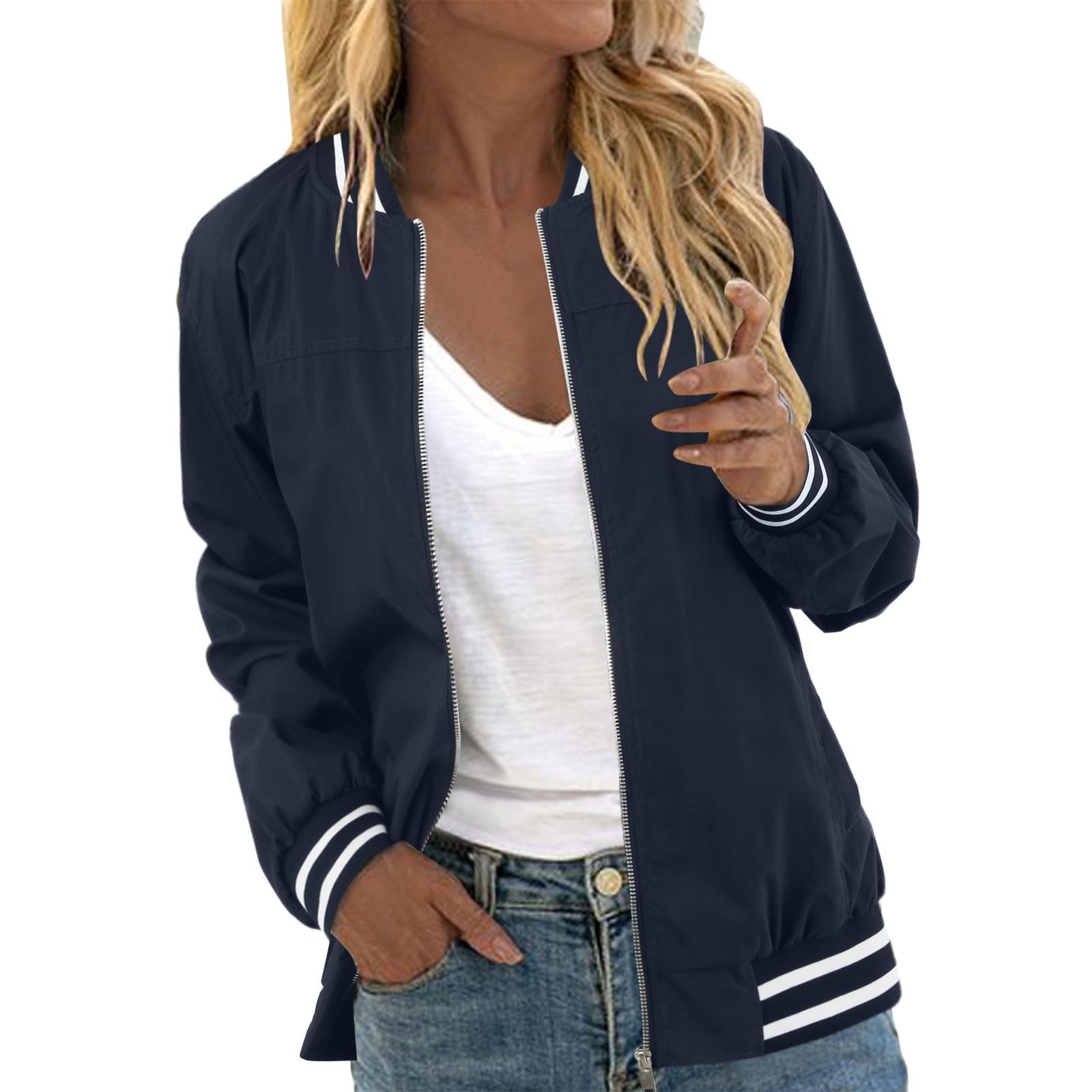 Genérico Chaqueta Mujer Deporte Cremallera, Abrigo Primavera Mujer, Ligera De Manga Larga con Cremallera Abrigo Acolchado Informal De Un Solo Color con 2 Bolsillos Entretiempo Primavera Otoño