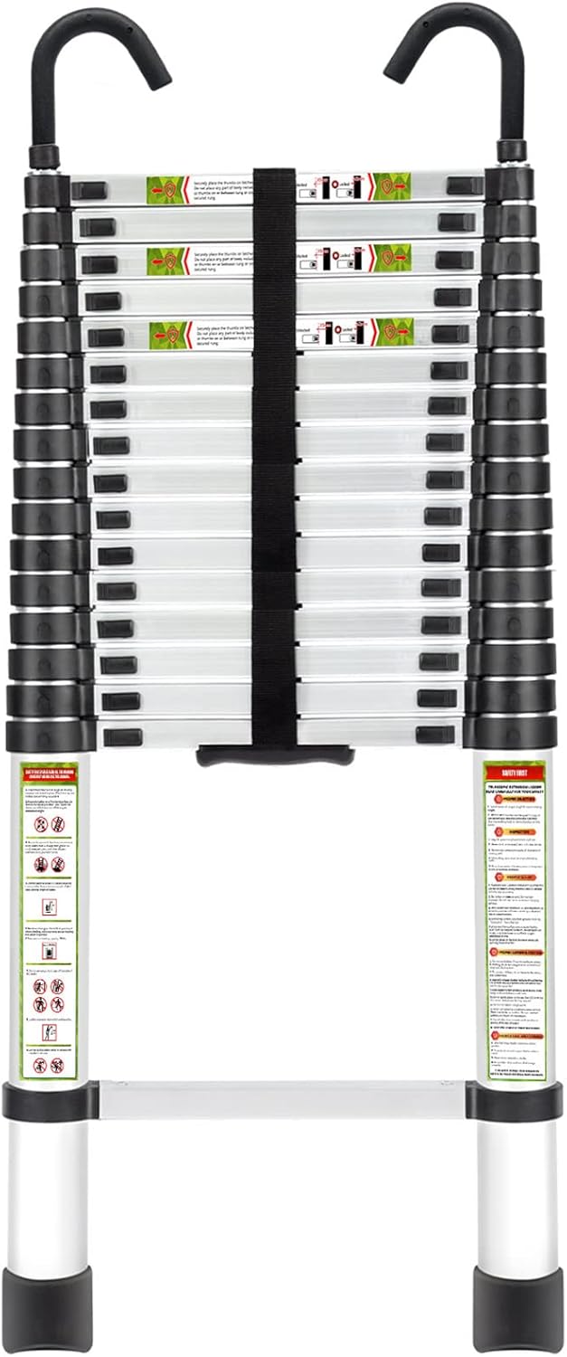 Telescopic Ladder, 20.34FT RIKADE Aluminum Telescoping Ladder with Non-Slip Feet and Stable Hook, Portable Extension Ladder for Household and Outdoor Working (Black) - - 