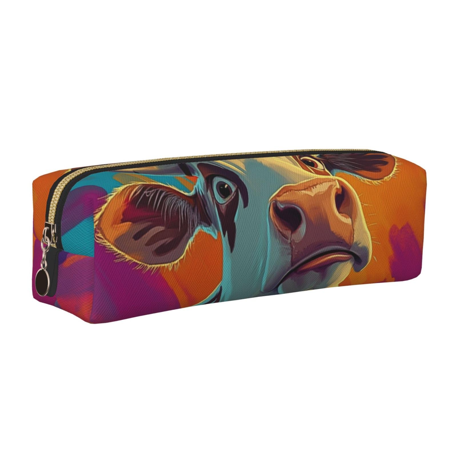 Graffiti Cow Pencil Case Portable Cylindrical Pencil Pouch with Zipper Leather Cosmetic Pouch Bag