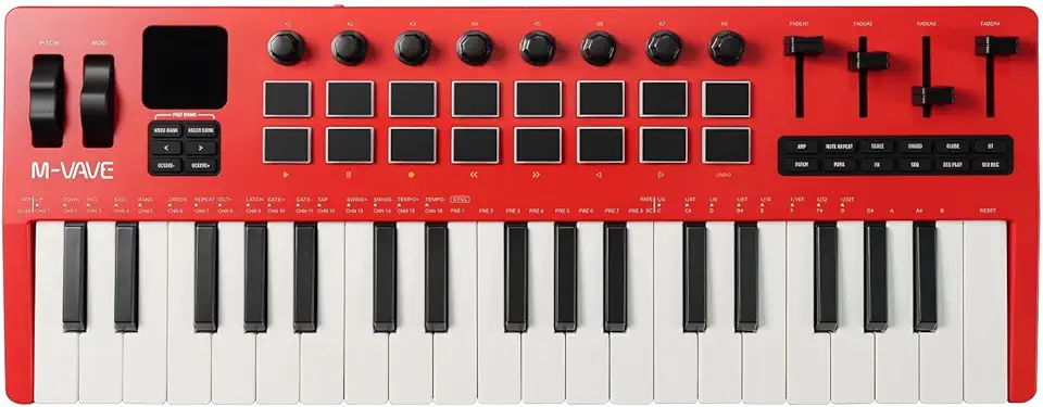 M-VAVE SMK-37 PRO Controlador MIDI Teclado 37 Teclas Sensíveis, 16 Pads RGB com Sensor de Força, Interface Áudio USB-C, Conexão Wireless, Bateria, Compatível com Gravadoras e Produção Musical