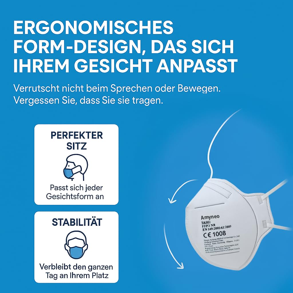 20 FFP3 Mund- und Nasenschutz Maske mit EC Zertifizierung, 5 Lagige Maske ohne Ventil, Staub- und Partikelschutzmaske, medizinische Schutzmaske mit hoher BFE-Filtereffizienz ≥ 99, 20 Atemschutzmaske