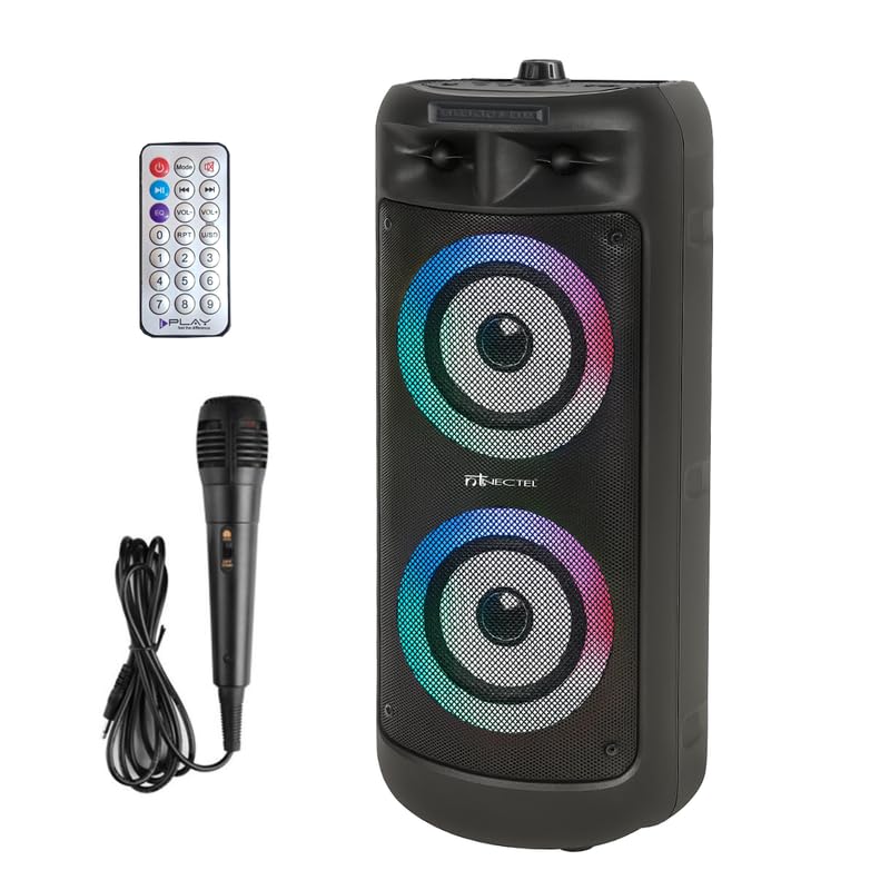 Image of 50W Portable Multimedia Bluetooth Speaker with Dual 4 inch Drivers, RGB Lights, Mic Input, USB /TF /FM /AUX, TWS, Remote, Built‑in Rechargeable Battery for Party use (3H Playtime)