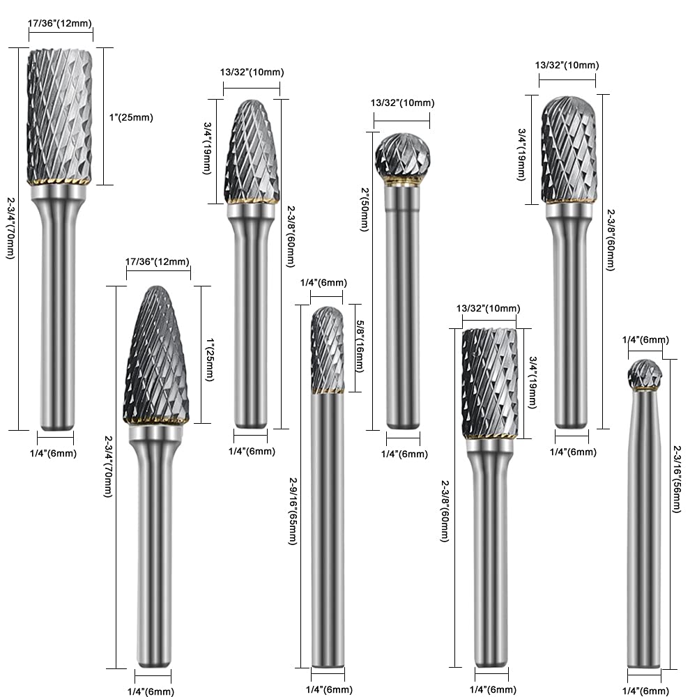 ASNOMY 8 szt. Zestaw zadziorów obrotowych z węglików z węglików – 6 mm trzpień 6 mm/10 mm/12 mm głowica szlifierki z litego węglika obrotowego zestawu plików do wiertła do szlifierki, metalu,