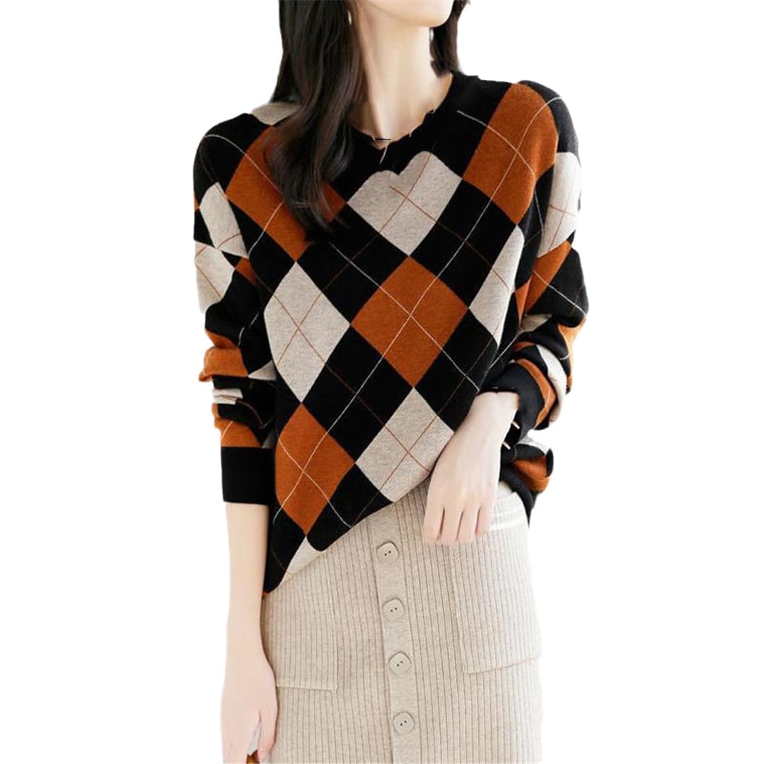 Suéter de punto elegante retro con cuello redondo para mujer, manga larga, suéter cálido para otoño e invierno