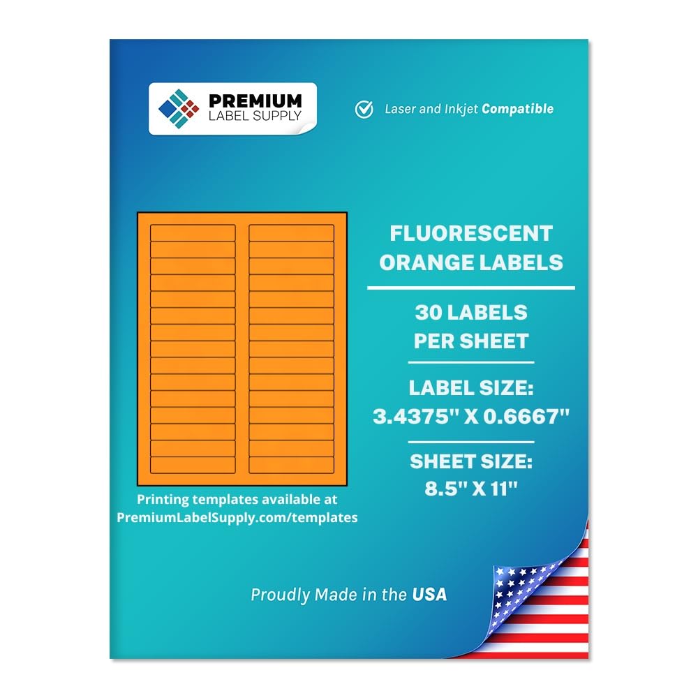 Premium Label Supply Bright Neon Color Fluorescent Sticker Labels - 3.4375" x 0.6667" File Folder Labels - (Fluorescent Orange, 3000 Labels)