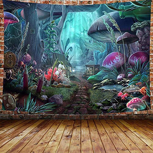 GETTOGET Psychedelic Wonderland Tapestry Mushroom Castle Fairy Tale Tapestry Green Plants in Forest Fantasy Wall Hanging Scenery Tapestries for Bedroom Living Room Dorm