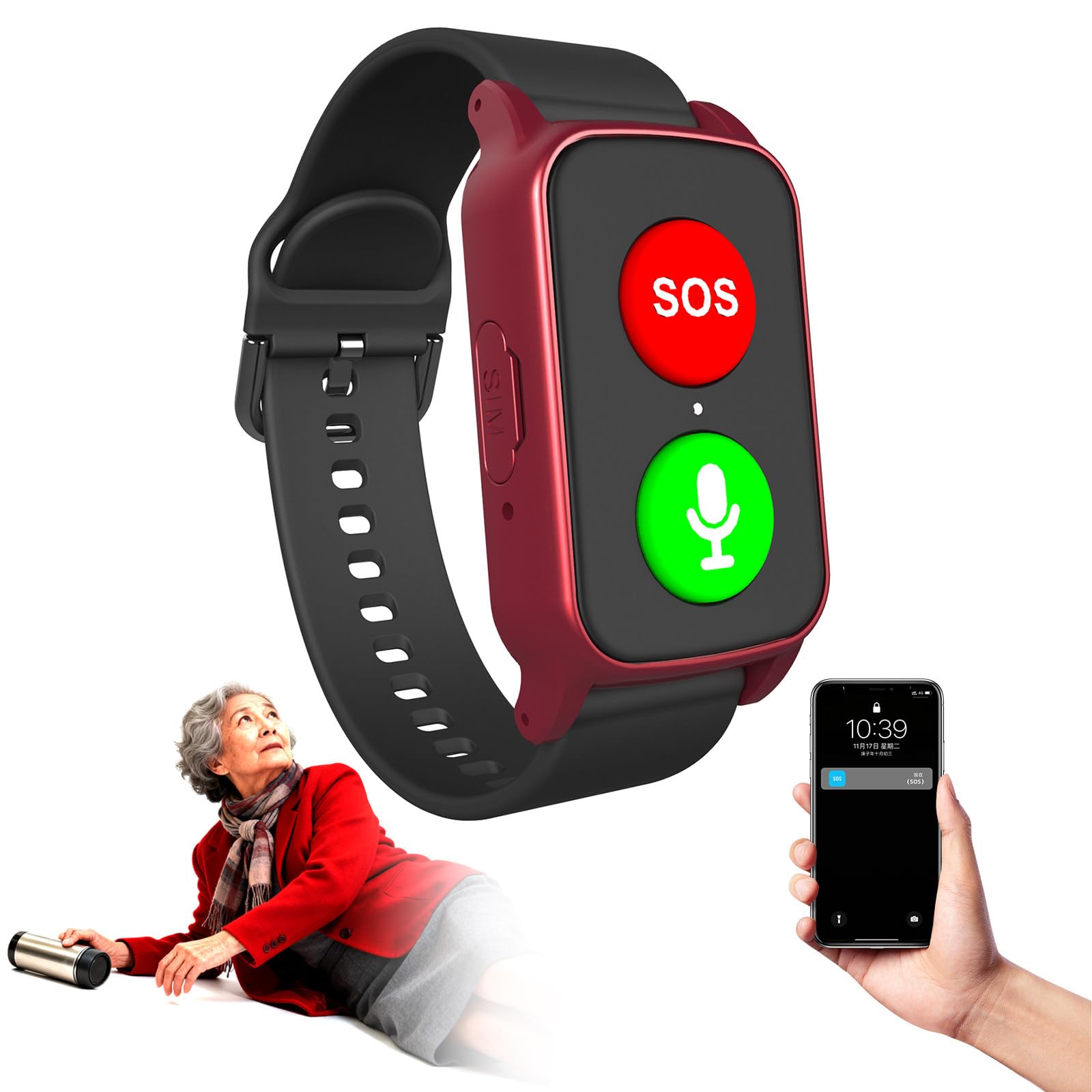 Bracciale Salvavita Anziani Personale per Anziani Orologio Anticaduta Rilevamento Cadute Localizzazione GPS Notifica di Caduta per Smartphone S3-Red