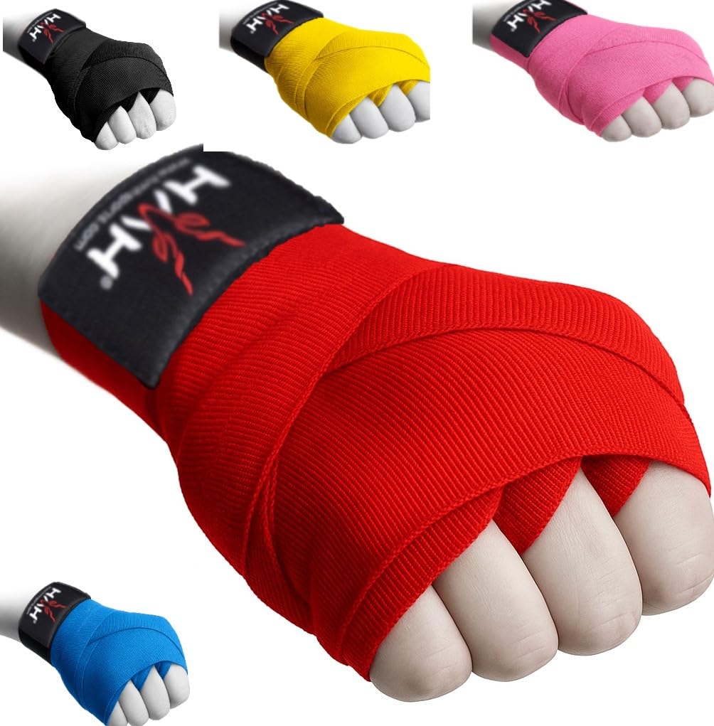 HMH Sports Boxing Hand Wraps for Men And Women And Kids - Cotton Hand wraps with Hook & Loop Strap & Thumb Loop -Elasticated Bandages Wrist Support tape (Red, 4.5M (Adult))