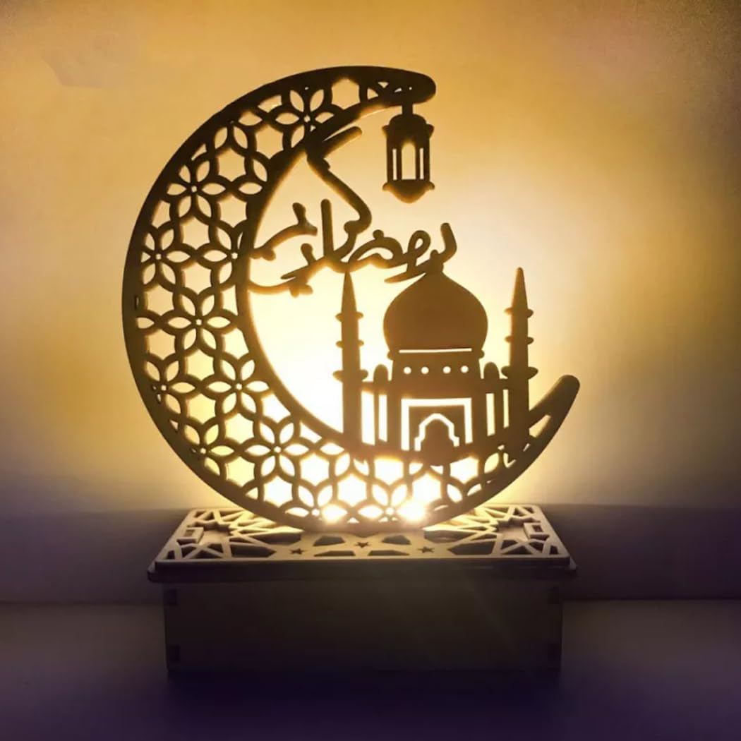 Comebachome Ramadan Decorations, 7.5inch Wooden Star Moon Ramadan Lights, Eid Mubarak Desk Ornaments for Islamic Table Decor (Lights-4)