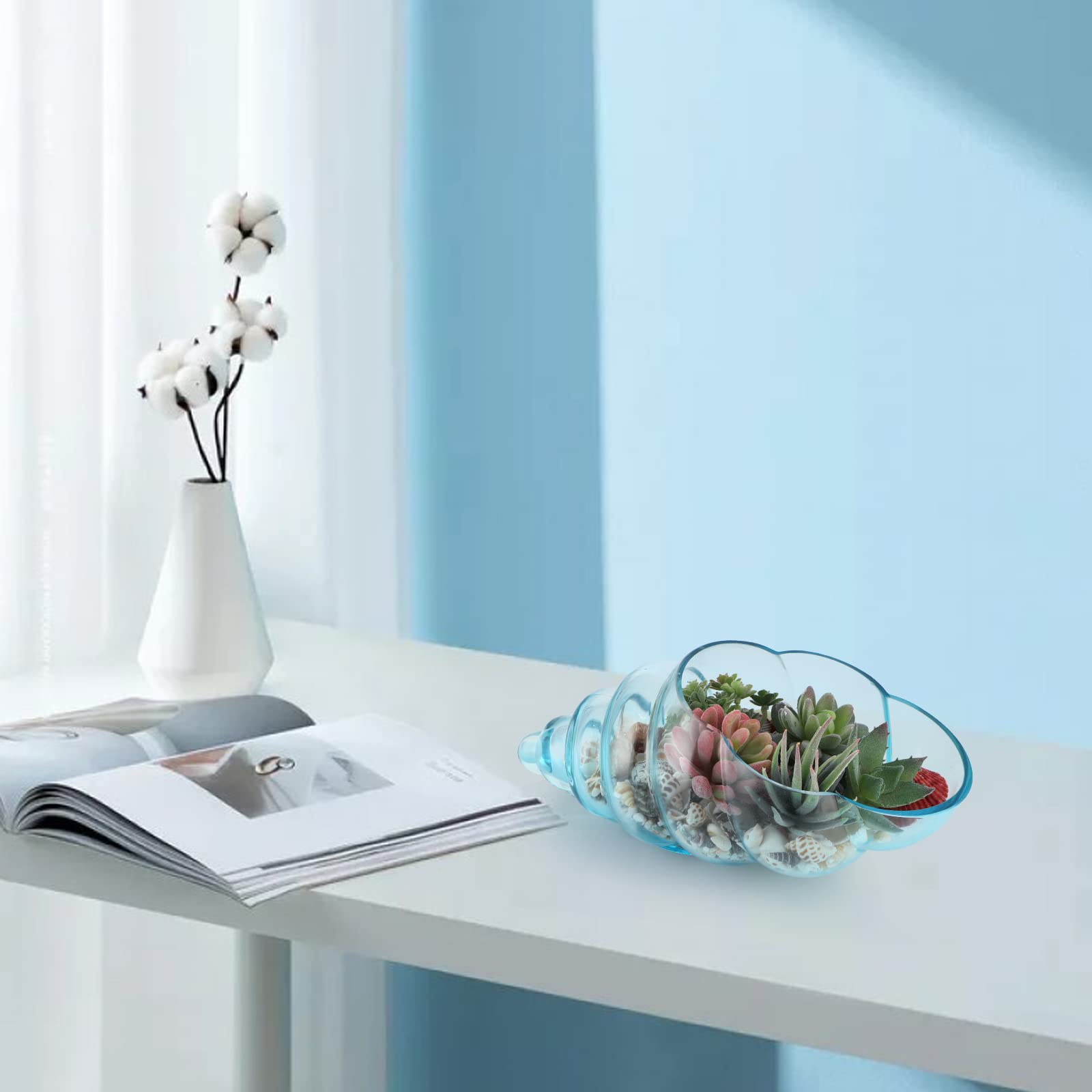 MDLUU Vaso in vetro con conchiglie, 25,5 cm, grande ciotola decorativa per conchiglie, vetro marino, pianta aerea (blu)