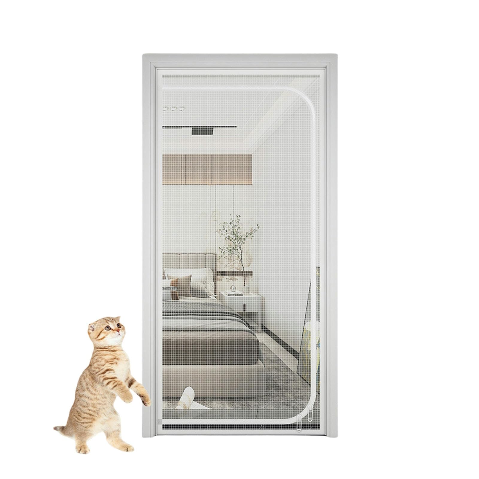 Pantalla para Puerta de Gato, Malla antiarañazos, con Cremallera, Evita Que los Gatos y Perros se agoten (D-Blanco, 85 x 205 cm)