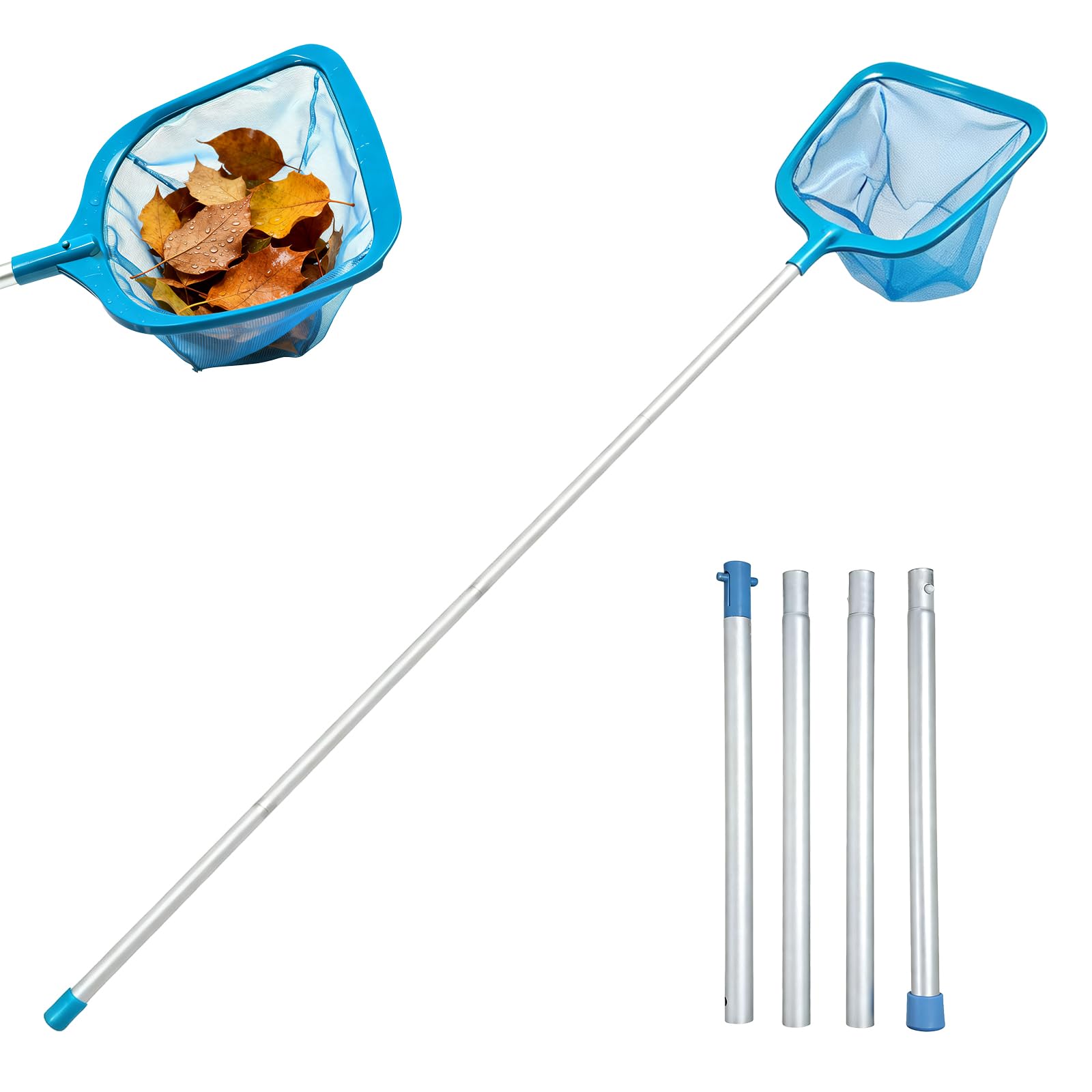 Bomxmon Swimming Pool Skimmer Net, Adjustable 60Inch Aluminium Telescopic Pole, Hand Leaf Skimmer for Garden Pond, Hot Tub Net, Swimming Pools (Blue)
