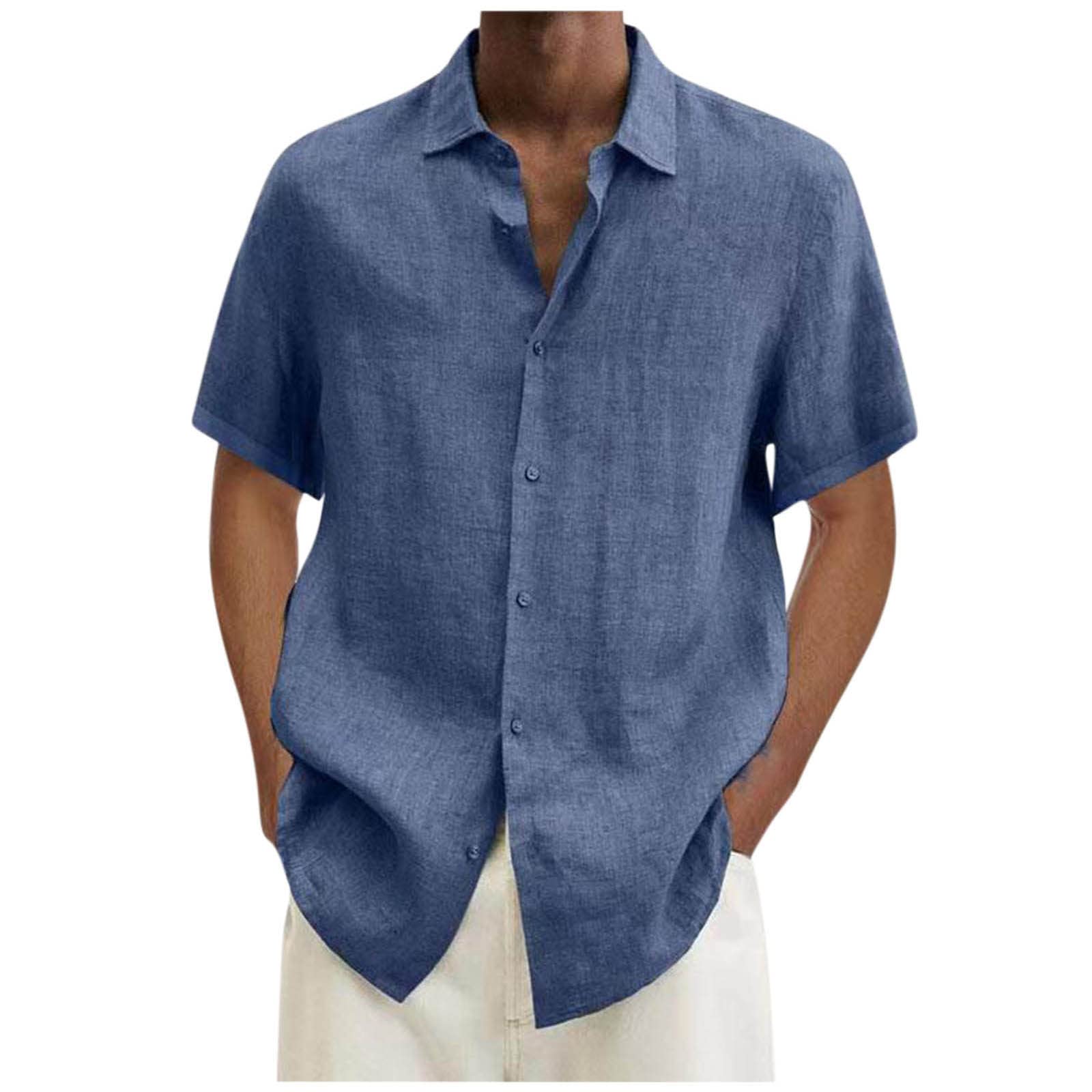 Linen Shirts Men Short Sleeve Button Up Shirt Plain V Neck T Shirts Casual Summer Hawaiian Beach Tops with Pockets Work Business Dress Top Mens Blouses Wrinkle Free Sale
