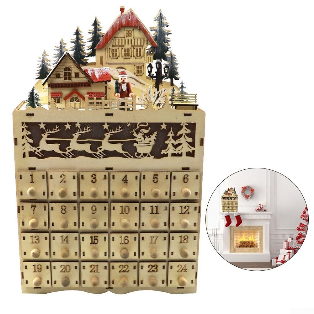 Calendario de Adviento de Navidad de 24 cajones, con luces LED, decoración tradicional de madera, para niños, decoración navideña