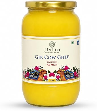Jivika Premium A2 Gir Cow Ghee 1Ltr|A2 Milk Tested|Vedic Bilona Method|Lab Tested|Pure Desi Cow Ghee|Hand Churned Two-Way Direction|Churned From Curd|Pure Ghee|Danedar|Glass Jar,1.1 Kilograms