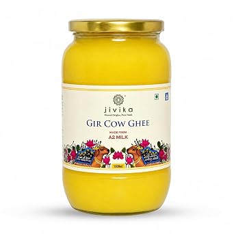 Jivika Naturals A2 Cow Ghee Butter Organic Grass Fed Clarified, Pasture Raised Indigenous Breed Cows, Non-GMO, Vegetarian, Hand Churned From Curd Lab Tested - Glass Bottle 33 fl oz