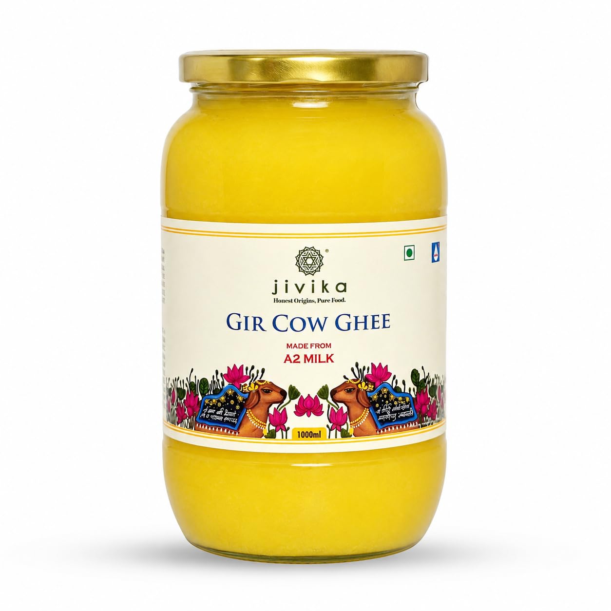 JIVIKA NATURALS Ghee de vaca Gir Gir de alta calidad de 1 litro, probado en leche A2, método védico Bilona, probado en laboratorio, ghee de vaca desi puro, dirección bidireccional, churned from