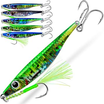 Saltwater Fishing Jigs - Jig Fishing Vertical Jig Speed Slow Pitch Jigging Spoon Hard Bass Fishing Lure - Blade Baits Lures with Assist Hook Paillette Artificial Fishing Lures 5pcs/Set