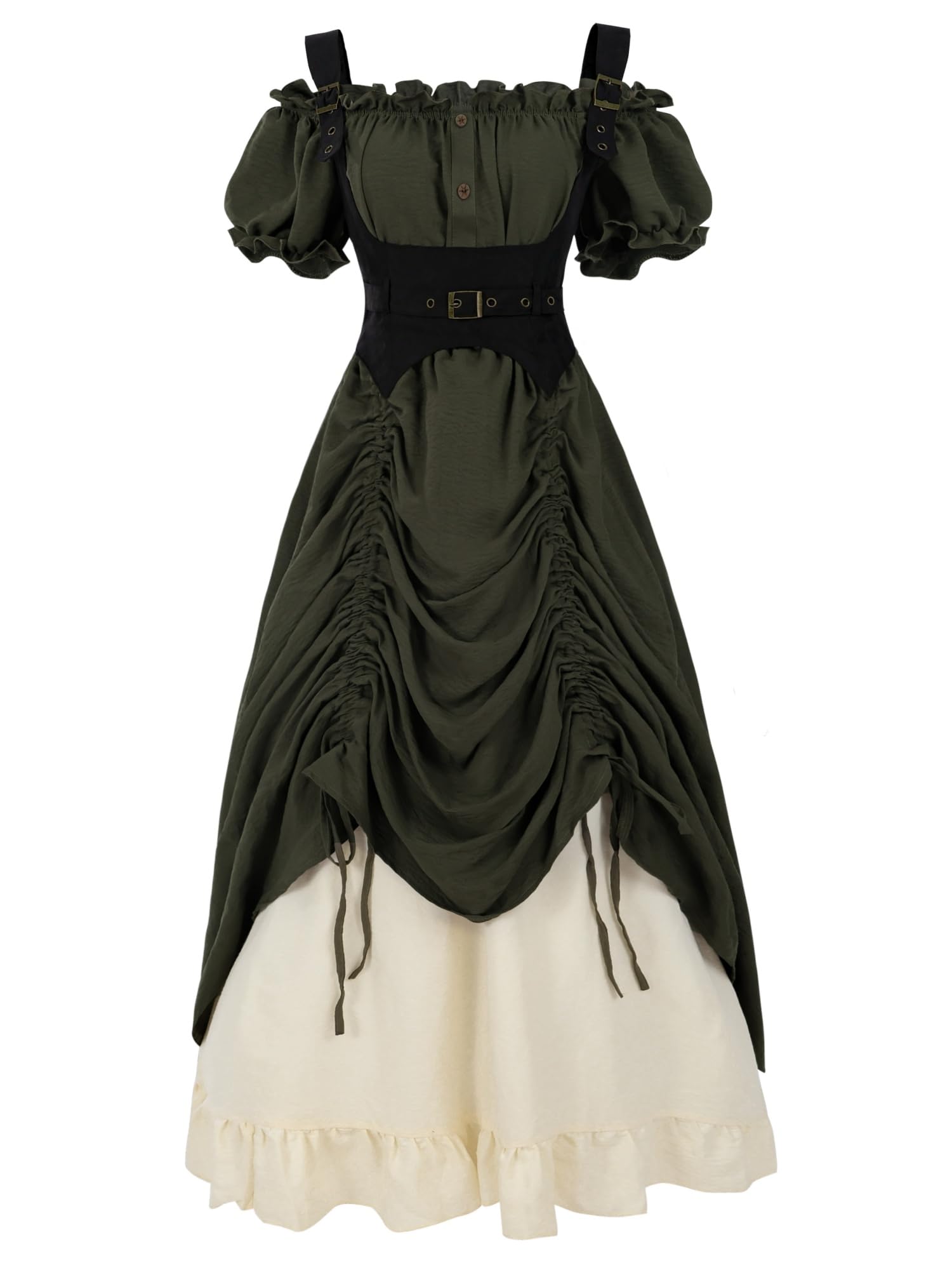 NSPSTT Victorian Dress Set for Women - Green 3 Piece Edwardian Costume with Off Shoulder Blouse, High Low Skirt & Corset for Ren Faire, Halloween M