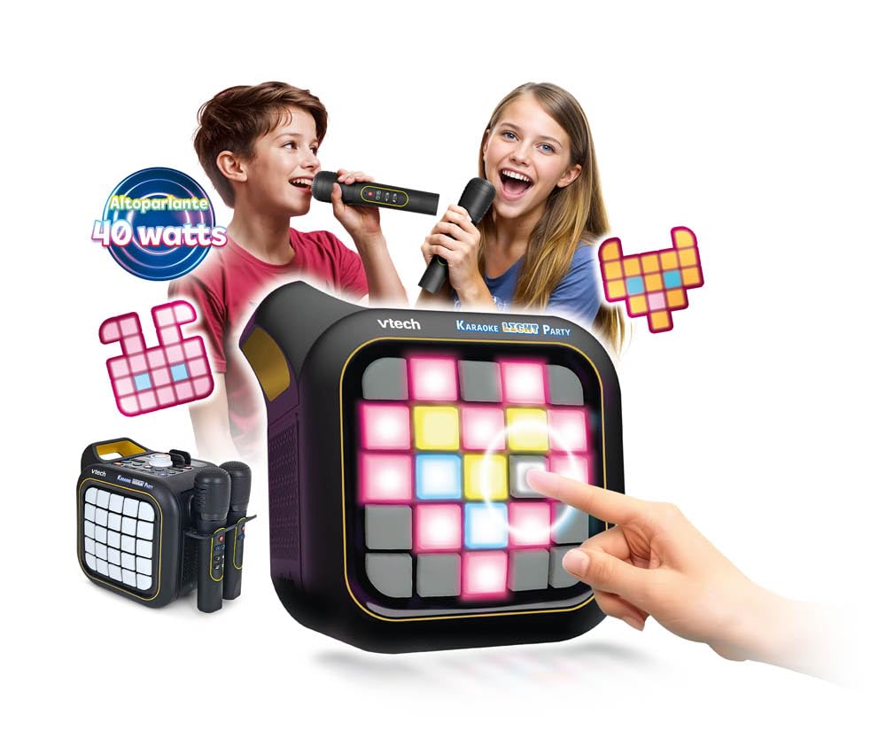 VTech Karaoke Light Party, micrófono Infantil para Karaoke con Altavoz, 2 micrófonos inalámbricos, conexión Bluetooth y Voz mágica, Efectos de Sonido, 25 Teclas para Pixel Art, Pilas Incluidas, 7+ | 2 micrófonos inalámbricos, Bluetooth, voz mágica, efecto