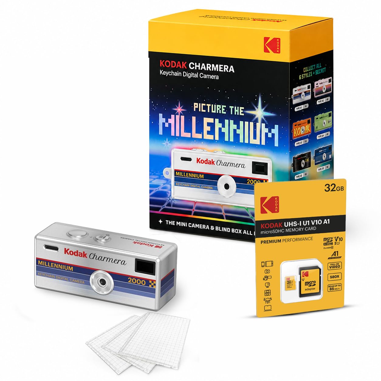 kodak charmera millenium edition keychain camera (single blind box) bundle | with 32gb memory card, and screen protectors