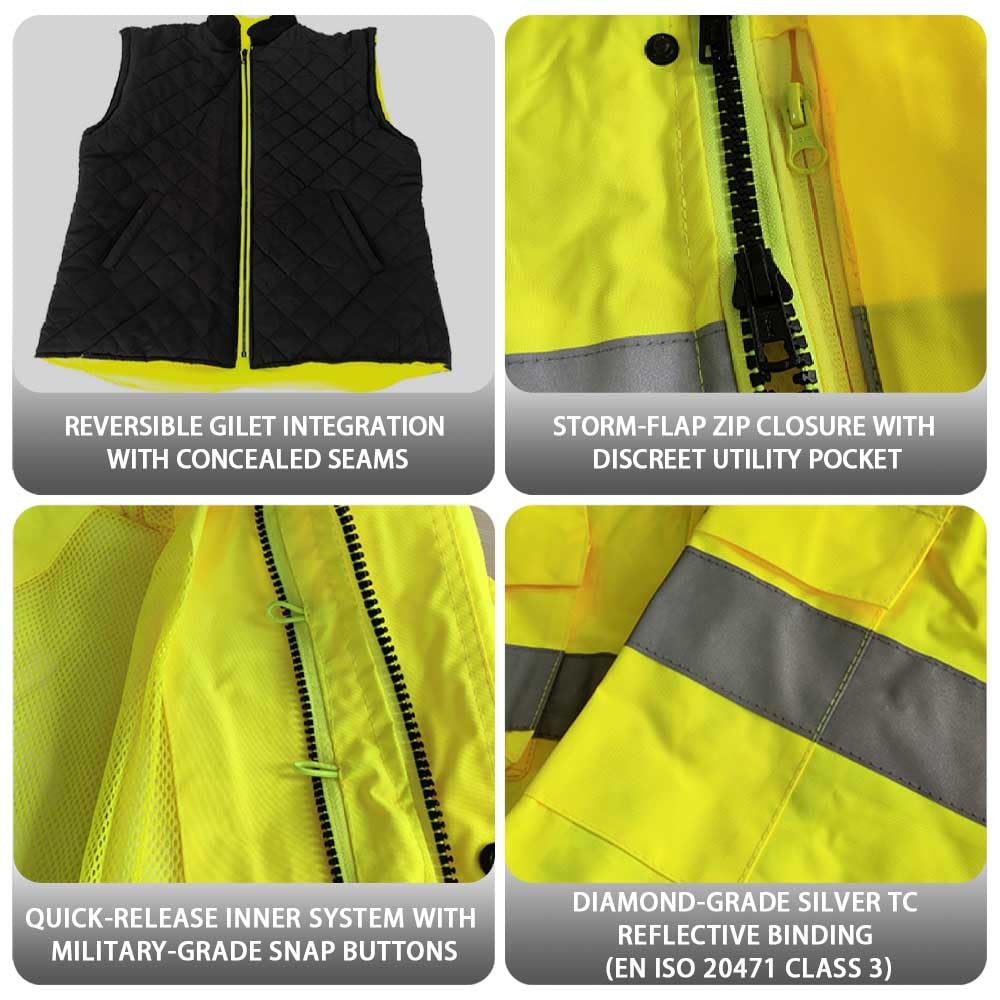 Chaqueta de alta visibilidad personalizada para hombre, certificado EN ISO 20471, impermeable, reflectante, ropa de trabajo de seguridad con forro desmontable, color amarillo y naranja, añade
