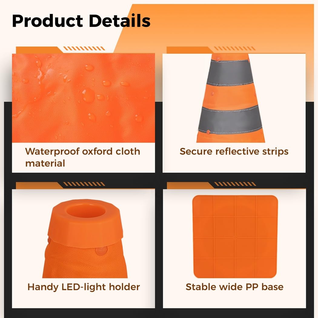 Lot de 4 cônes de signalisation Pliables de 18 Pouces, cônes Orange Multifonctions à déploiement Rapide avec Bandes réfléchissantes et Base Stable, pour Route, Parking et Exercices de Conduite