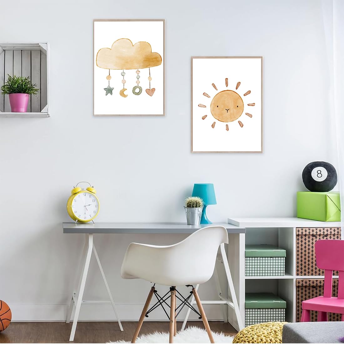 Set di 3 Quadri Tela 21x30cm, Poster Orsacchiotto Nuvole Sole per Cameretta dei Bambini, Stampe Senza Cornice Stile Boho per Decorazione Parete(Stile B)