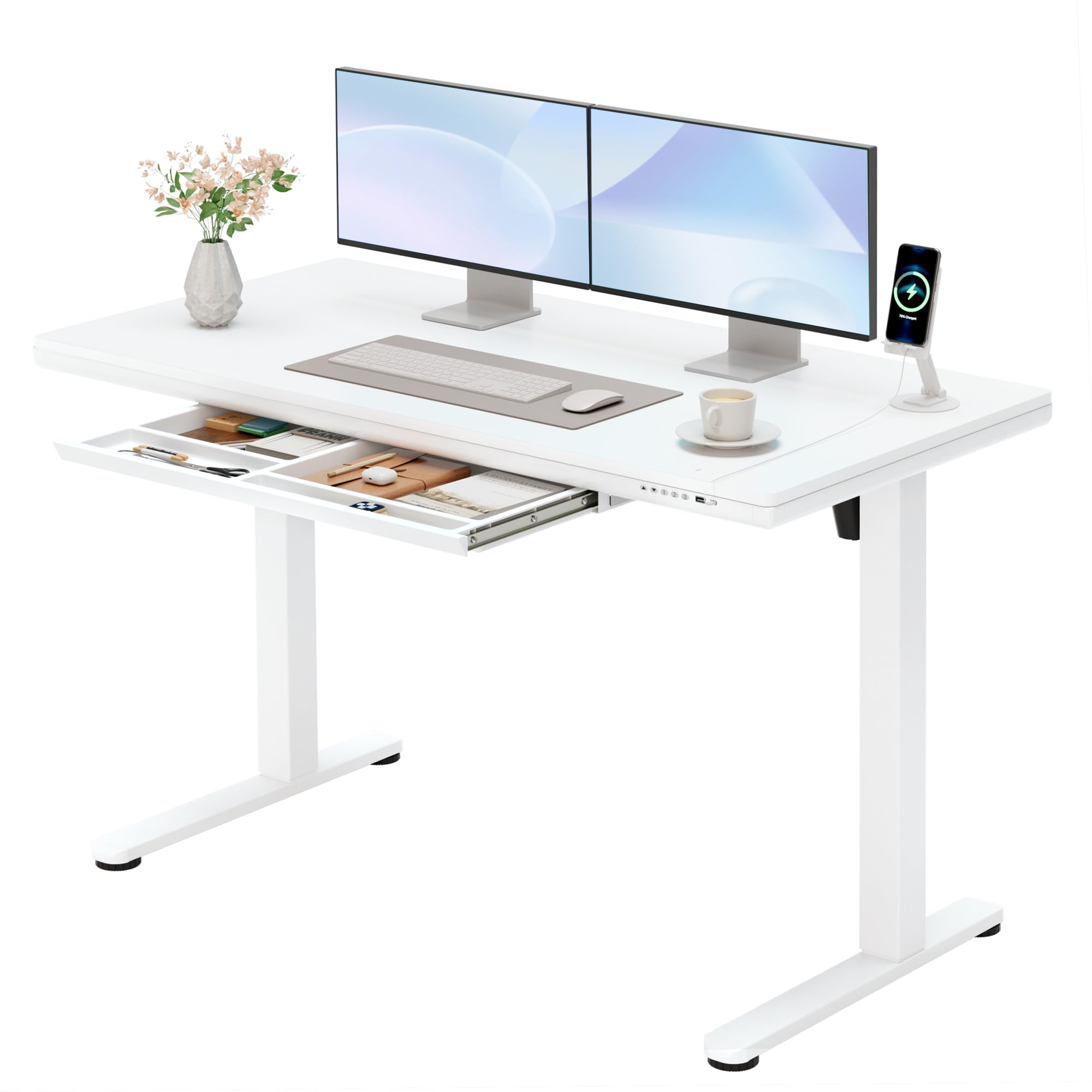 Furmax Adjustable Height Electric Standing Desk with Drawers 48 Inch Sit Stand Desk with One-Piece Thickened Desktop USB