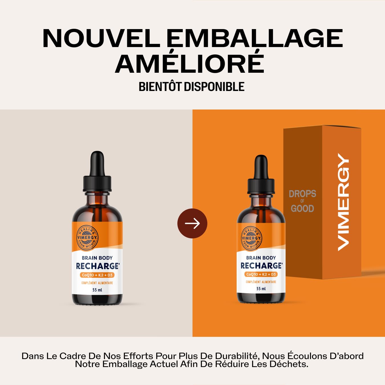 Vimergy Brain Body Recharge* – avec vitamine D3, K2 et CoQ10 – Renforce les muscles et les os – Protège contre les radicaux libres – Végane et sans gluten – 55 mL