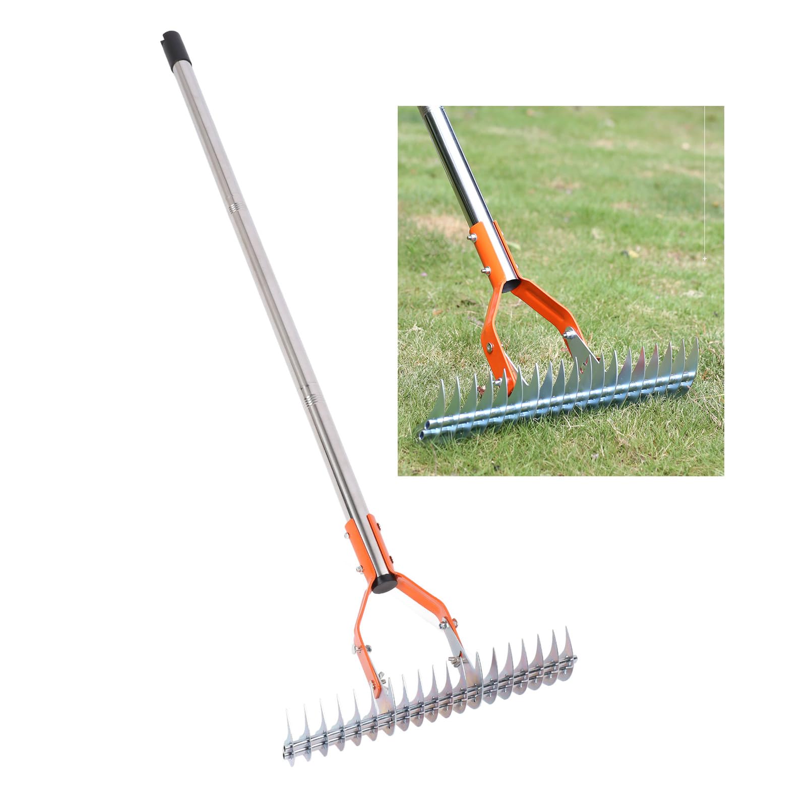 Rastrillo de Paja para Césped, Rastrillo de Paja para Suelo de Acero Al Carbono con Ajustable de 3 Secciones, Cabezal de 14,7 Pulgadas, Dientes de 5 Pulgadas, para el Cuidado del Césped,