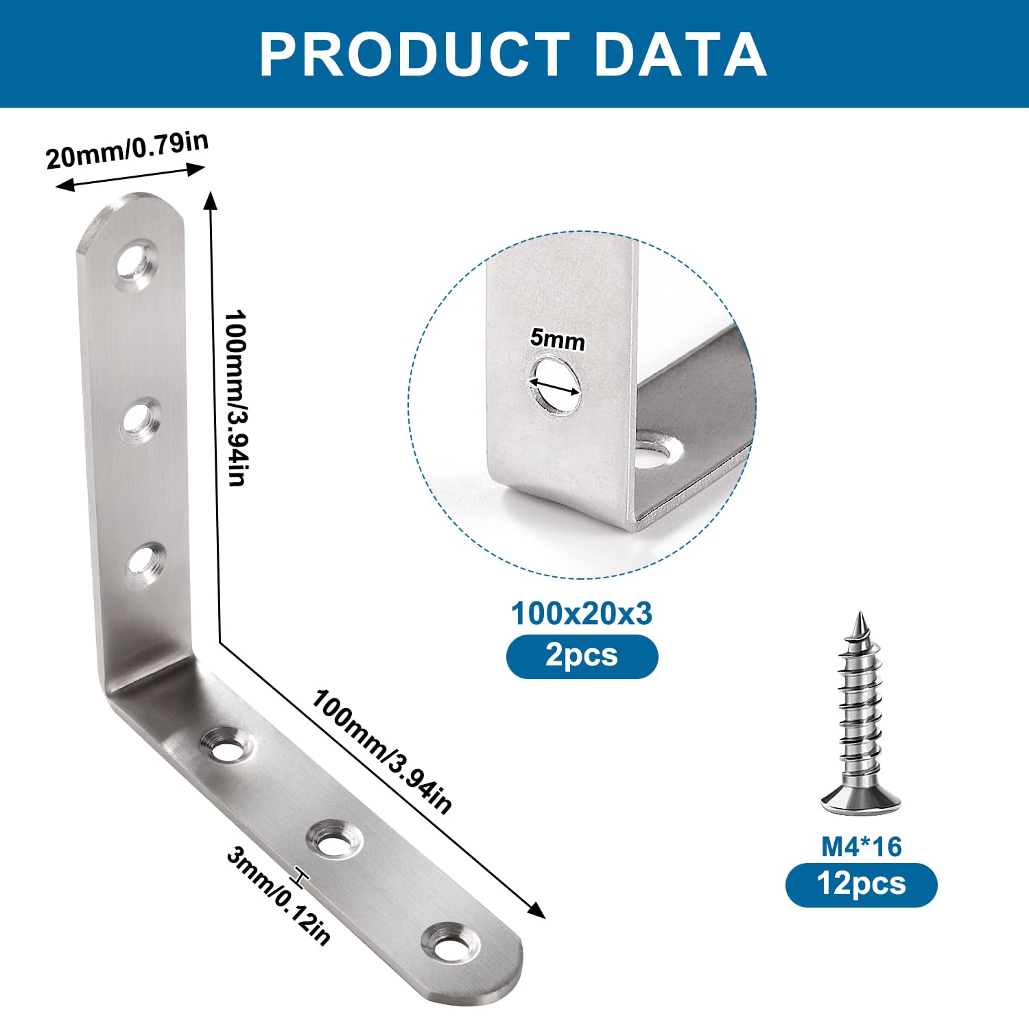 VooGenzek 2 PCS 100x100x20x3 mm L Brackets, Stainless Steel L Shaped Corner Braces, 90 Degree Right Angle Brackets Fastener - Image 2