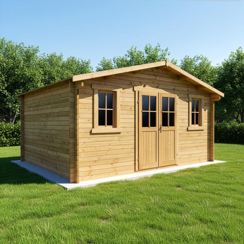 Gardy Shelter Abri de Jardin Bois Massif Traité 19,8m² | Double Porte Semi-Vitrée, Fenêtres Ouvrantes, Toiture Bois 20mm | Marron, Kit Anti-Tempête Inclus