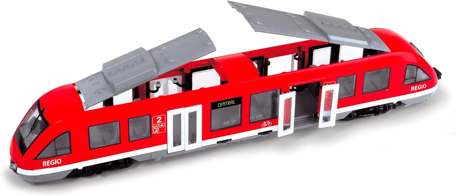 DICKIE TOYS: City Train - Red & White - Trackless Train Vehicle Toy, Detailed Interior Compartments, Freewheel Push-Pull, Opening Doors, Kids Ages 3+