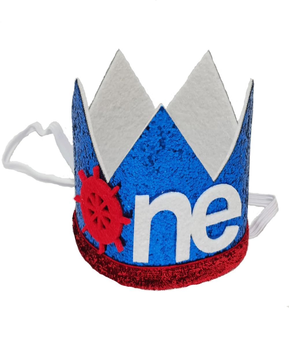 Riseason Blue ONE Crown Headband for 1st Birthday - Glitter Red O & White NE Letters, Baby Boy Girl First Birthday Headpiece for Photoshoot, Smash