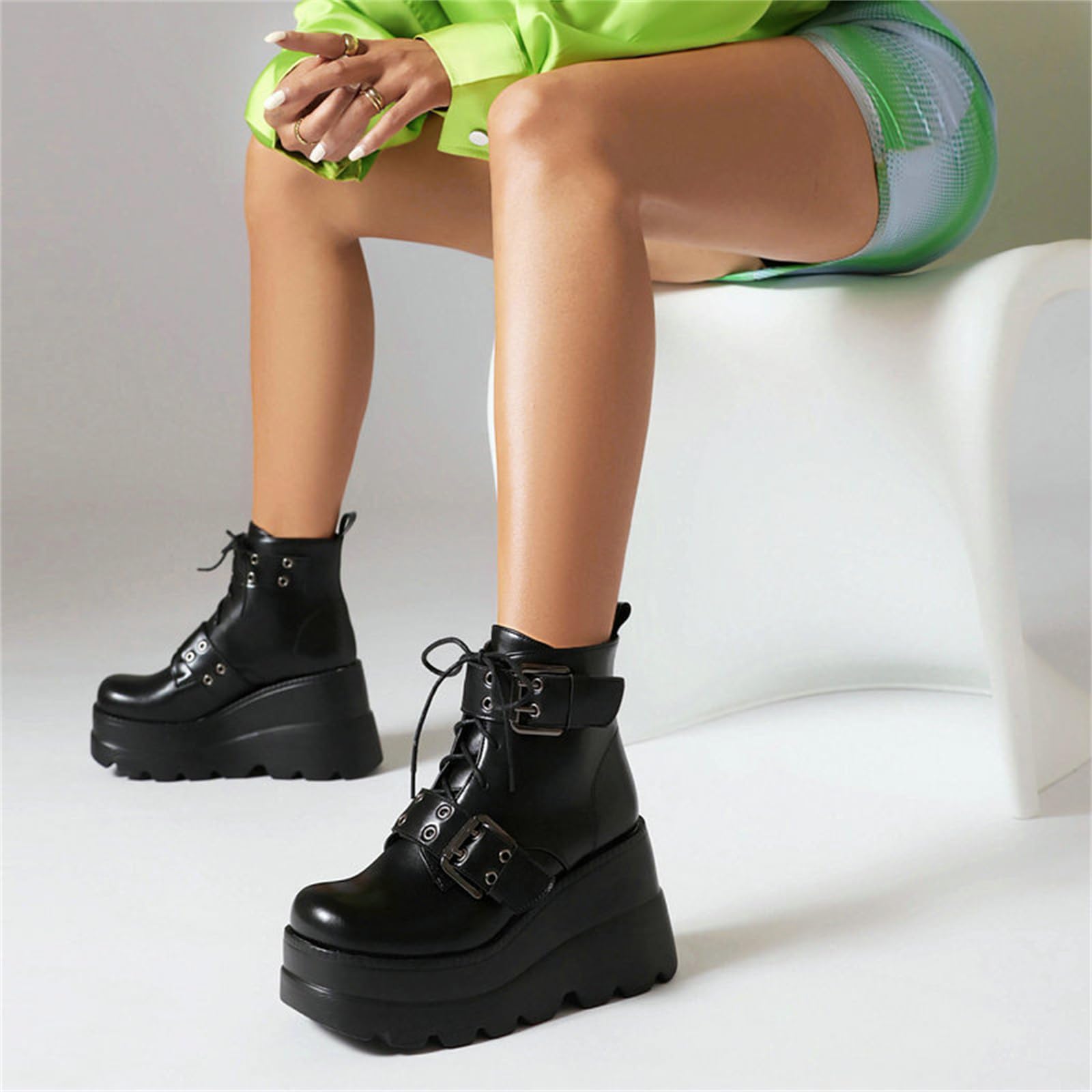 Damskie solidne gotyckie botki na platformie moda klamra punk kliny wysokie obcasy damskie buty imprezowe uliczne damskie buty