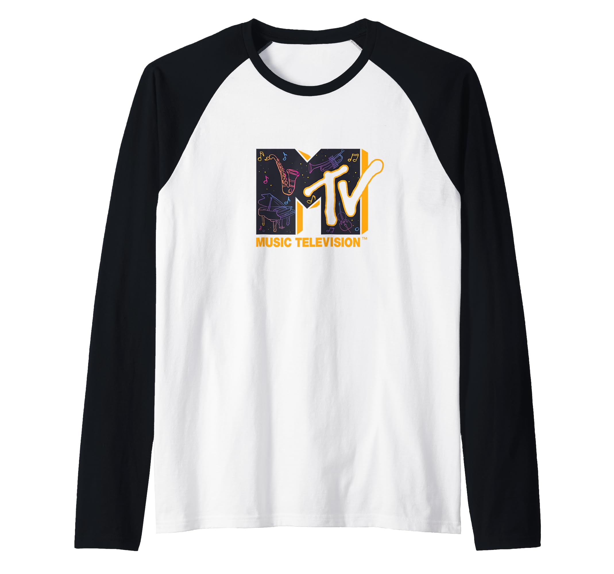 The official MTV Logo with colorful orchestra instruments Raglan Baseball Tee