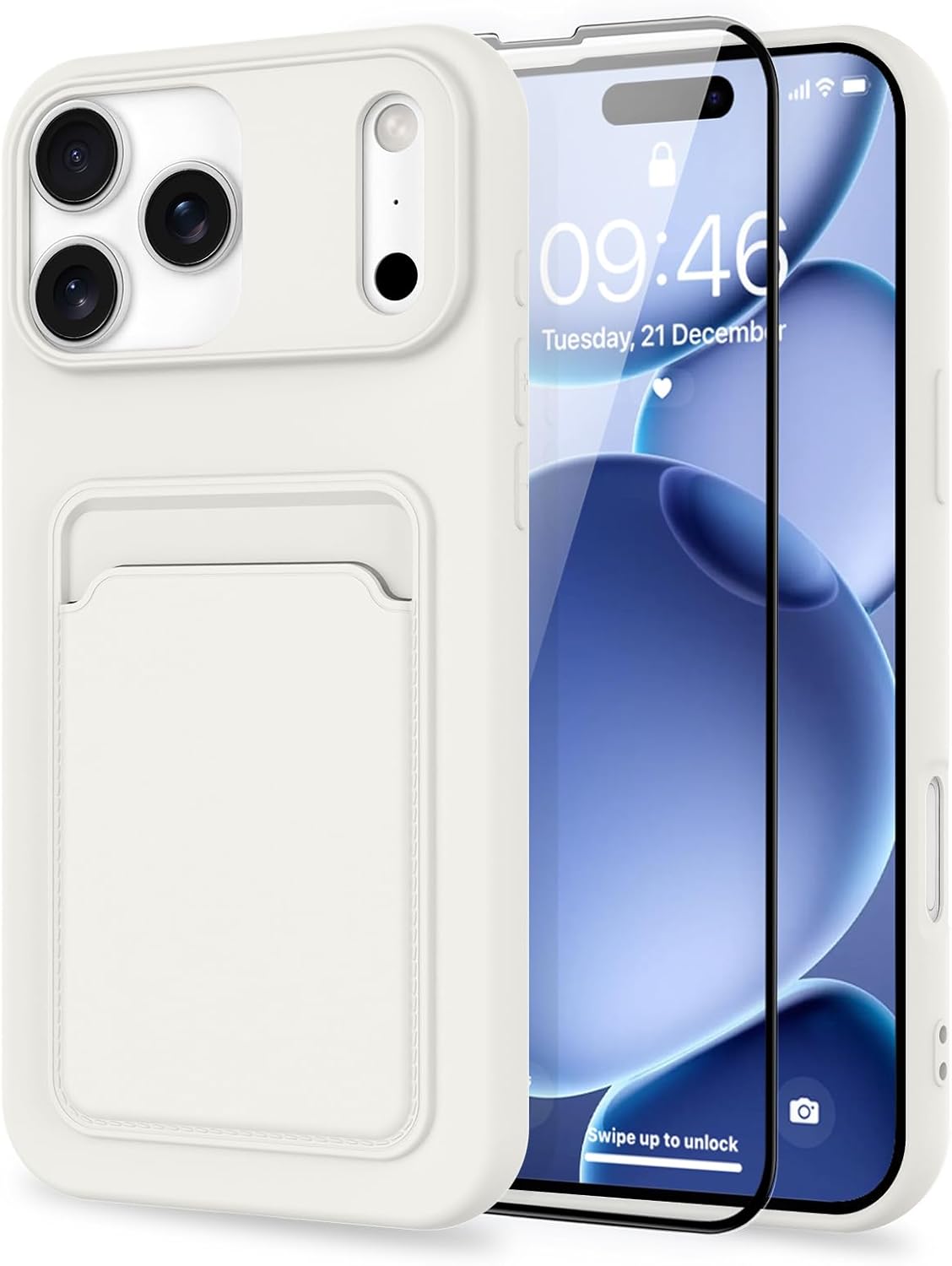 MZELQ Compatible with iPhone 17 Pro Case 2025 TPU Card Holder Wallet,Camera Protection + Screen Protector Soft Card Slot Phone Cover for Girls Women -White