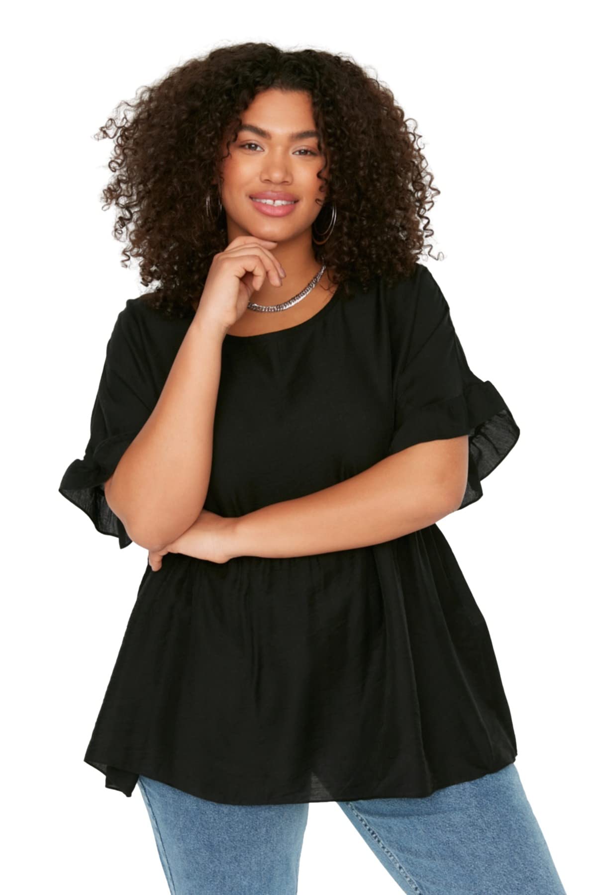 Trendyol Damen Woman Plus Size Regular A-line Crew Neck Woven Plus Size Blouse Hemd, Black, 46