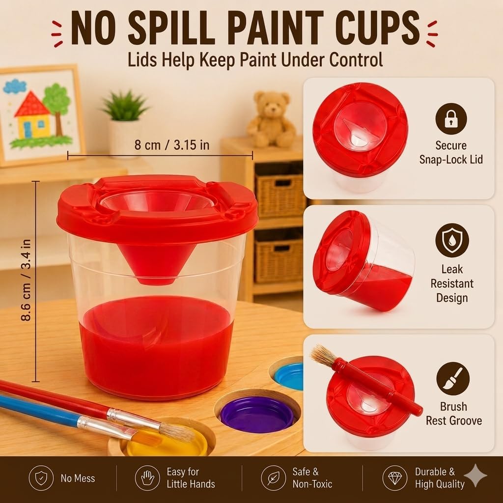 9 Pcs No Spill Paint Cups with Lids for Kids, Spill Proof Paint Cups with Rotating Holder, Paint Brush, Kids Art Smock Included, Painting Supplies for Classroom, Preschool