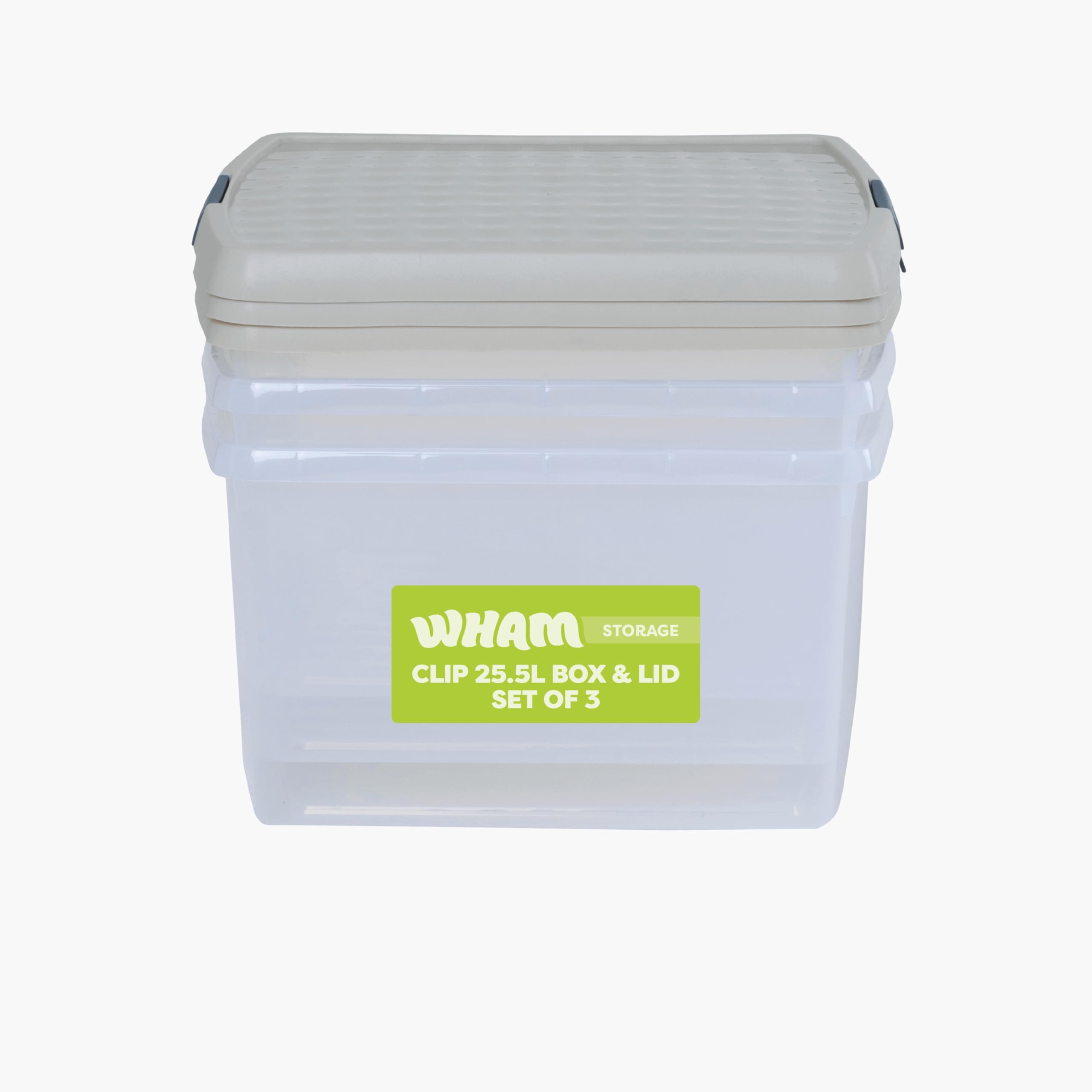 Wham Clip 3 x 25.5L Square Stackable Plastic Storage Boxes with Lids | Ideal for Home, Office, Toys & More | Storage Containers with Clip Locks | Made in UK - Clear/Stone