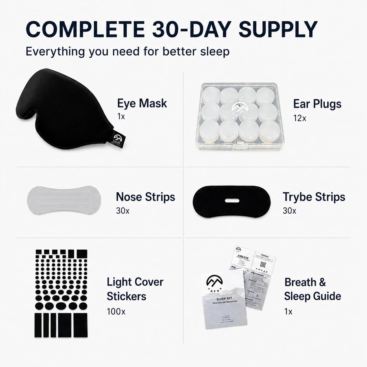 Trybe Kit de sueño, antifaz para dormir, tapones para los oídos, tiras nasales y cubiertas de luz para viajar. Bolsa para dormir y guía de respiración y sueño para viajes, hoteles, camping u hogar