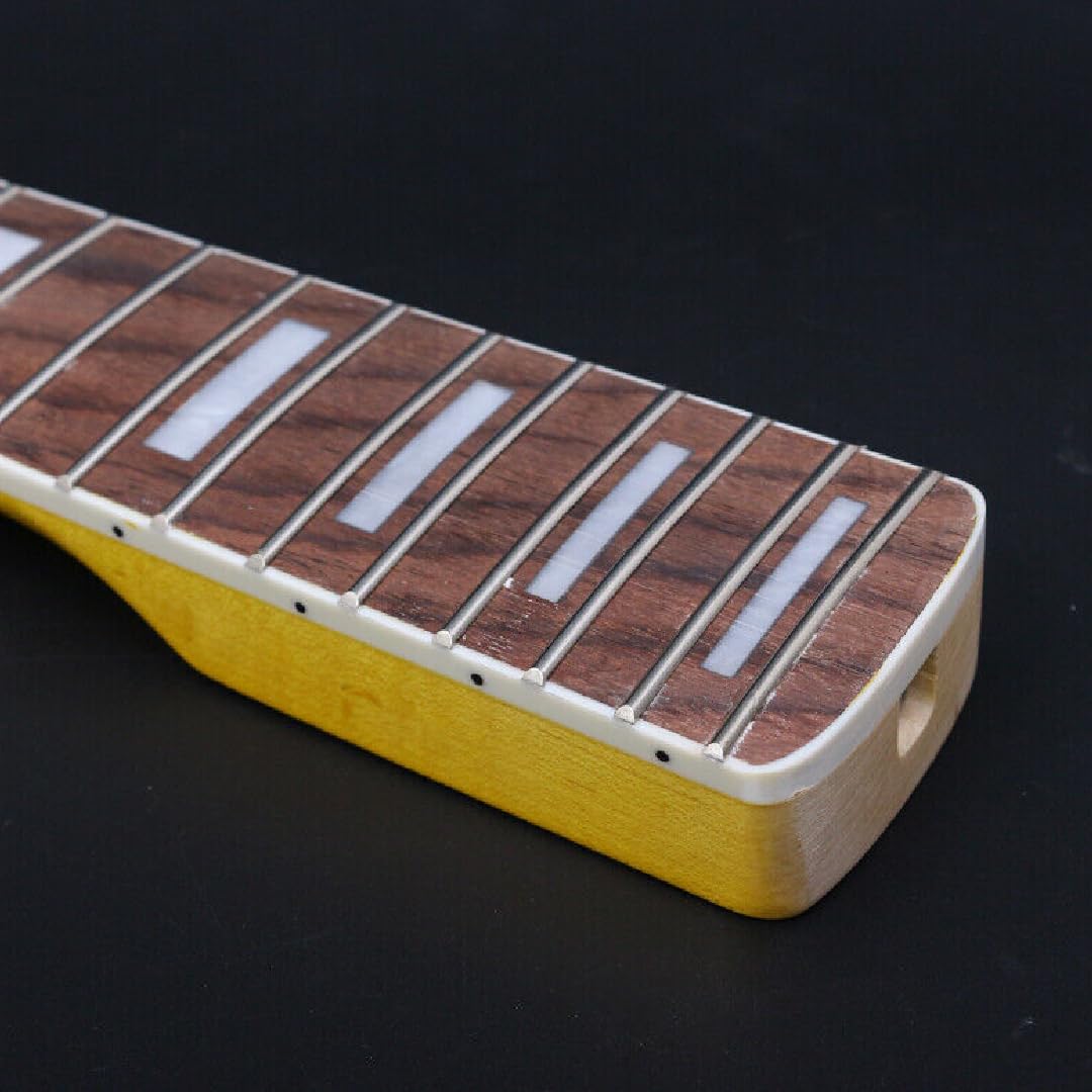 Manico di ricambio per chitarra elettrica, 21 tasti, 648 mm, in acero con tastiera in palissandro, verniciato giallo, intarsi quadrati, bordi rilegati (truss rod superiore regolabile)