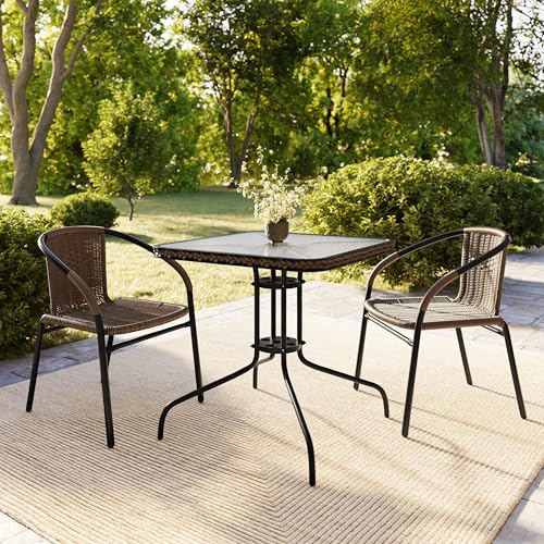Image of Flash Furniture Lila Modern Rattan Indoor /Outdoor Stackable Dining Chairs, Stacking Rattan Bistro Chairs for Patio or Restaurant, Set of 2, Brown