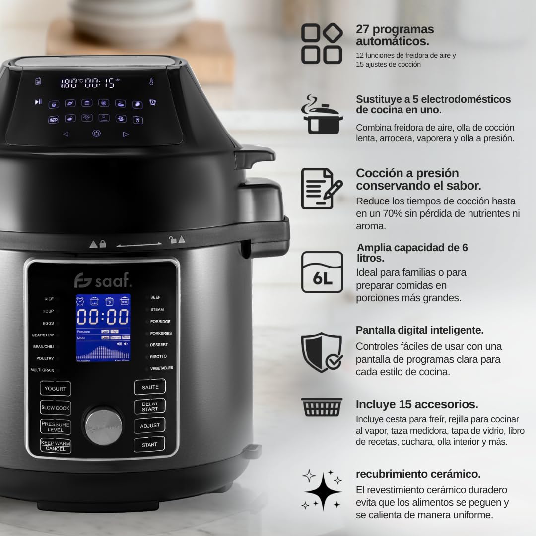 Saaf Multicooker con Airfryer – Set de 15 Piezas – 24 Programas – Slowcooker, Arrocera, Vaporizador & Olla a Presión – 6L – Incluye Cesta, Olla & Libro de Recetas – Pantalla Digital