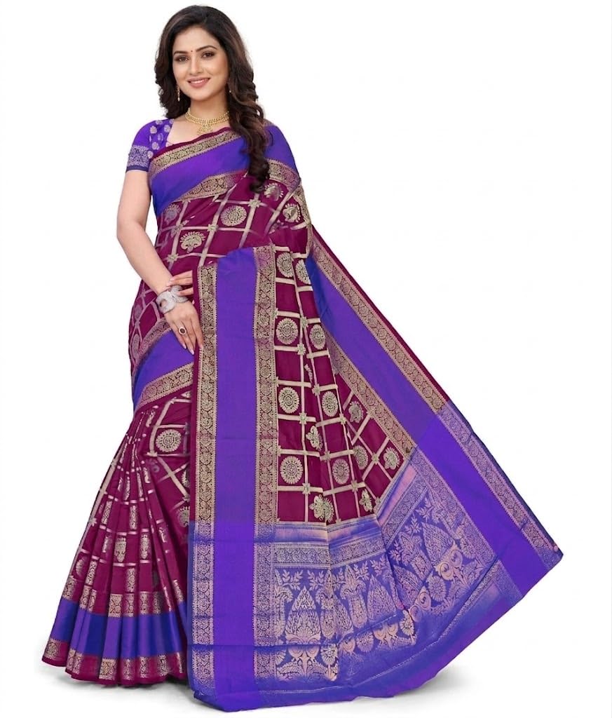 indian fashionista Women's Traditional Banarasi Silk Saree | Gold Zari Geometric Grid Woven Design with Contrast Red Border, Rich Pallu & Unstitched Blouse Piece-picture-14