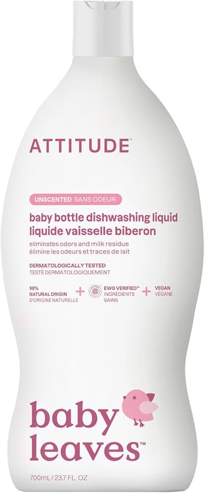 ATTITUDE 嬰兒 奶瓶 & Dish Soap, EWG Verified 奶瓶 Cleaner, 無香料 & Dye Free, Removes Milk Residue & Grease, 純素, 無香味, 23.7 Fl 盎司 EWG Verified