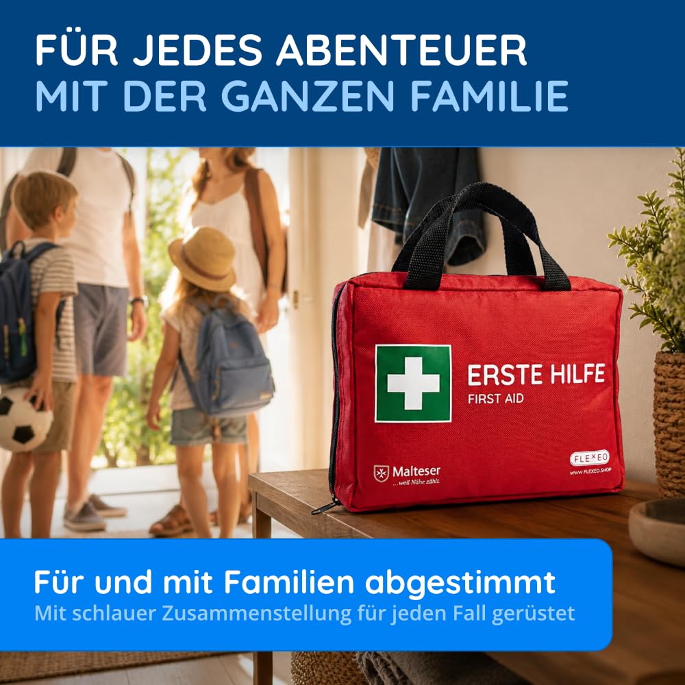 FLEXEO Zestaw pierwszej pomocy "Family" | 130-częściowy zestaw do noszenia | dla rodzin i domu | w zestawie żel przeciwpożarowy, paski na rany i płukanie oczu | idealny jako domowa apteczka, środek