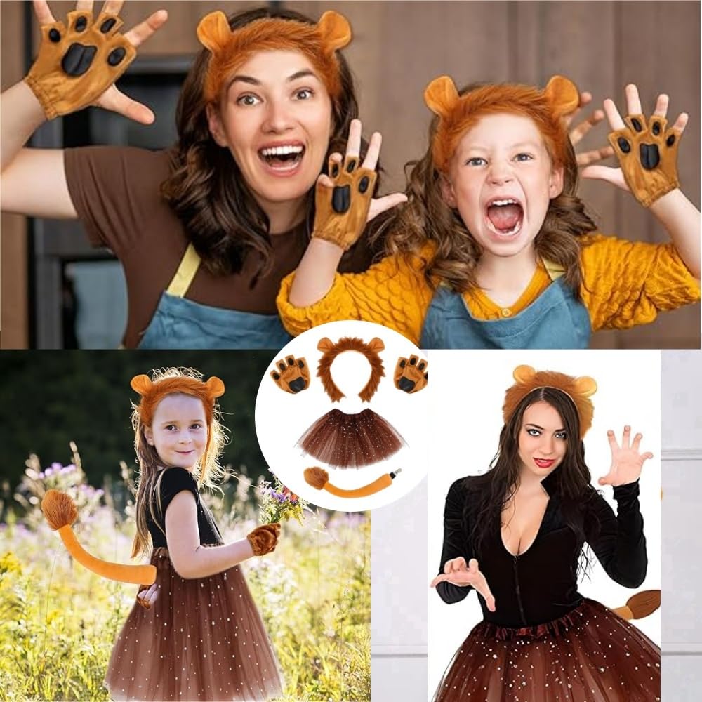 Set di costumi da leone: kit da 4 pezzi con orecchie da leone, guanti, coda e gonna tutù, perfetto per bambini e adulti, cosplay, Halloween, compleanno, carnevale, spettacoli teatrali