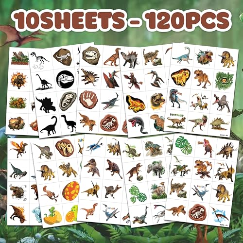 Image of 120 PCS Funny Dinosaur 3D Pre-Cut Temporary Tattoos for Kids | | Super Cute Themed Birthday Party Favors, Supplies, Decorations, Funny Jungle Fake Tattoo Stickers, Gifts for Boys Girls